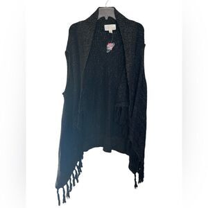 Avenue Black/Gold Metallic Sleeveless Boho Longline Fringe Open Cardigan 14/16